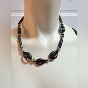 Vintage Cowrie Shell & Wood Bead Necklace 17” Boho Beach Y2K